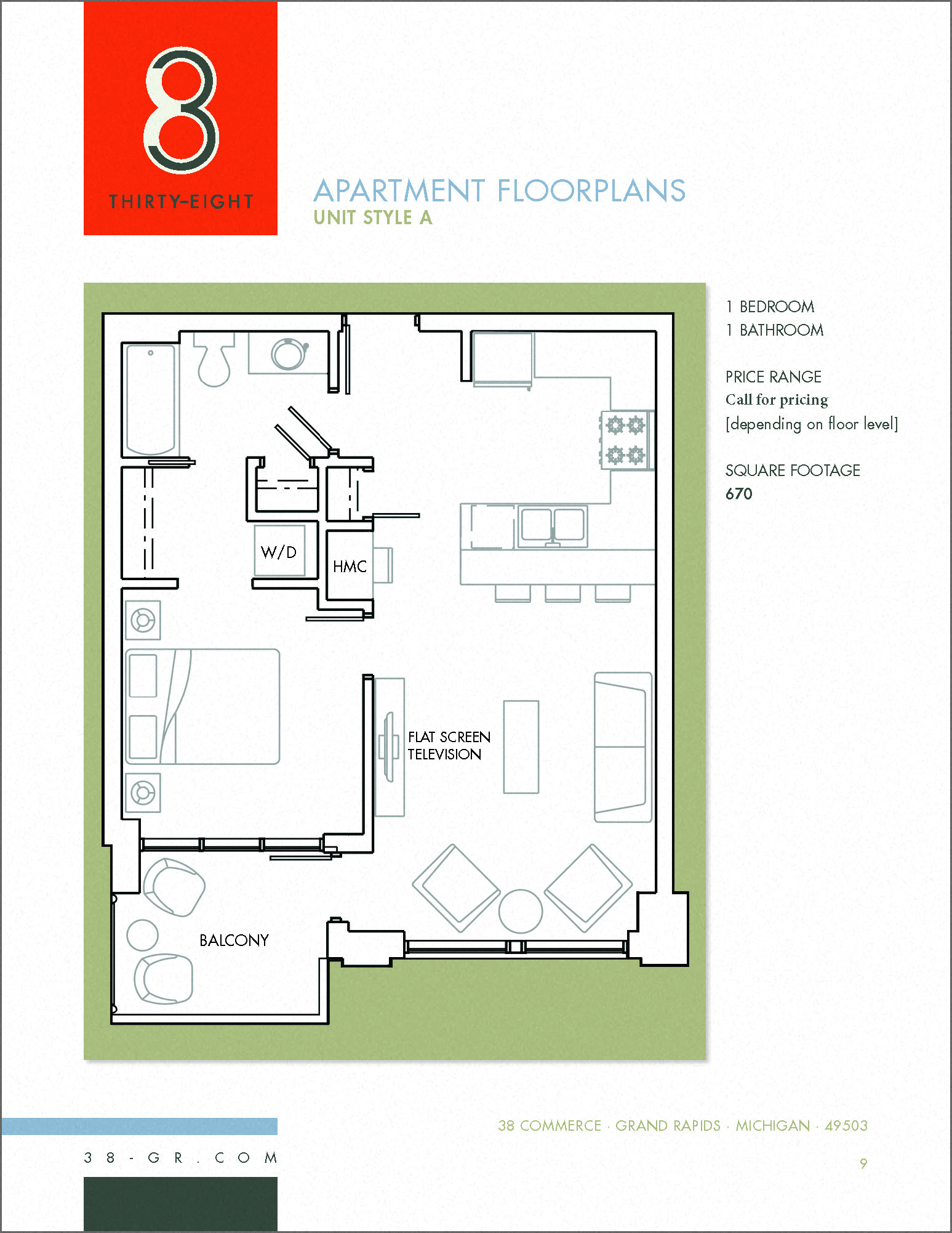 Floor plan for 1 bed, 1 bath, 670 sqft